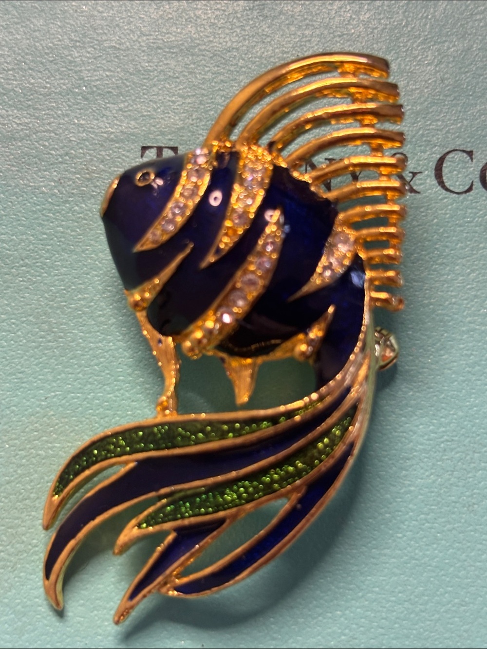 Vintage Goldfish Blue Green Enamel White Rhinestone Gold tone Brooch